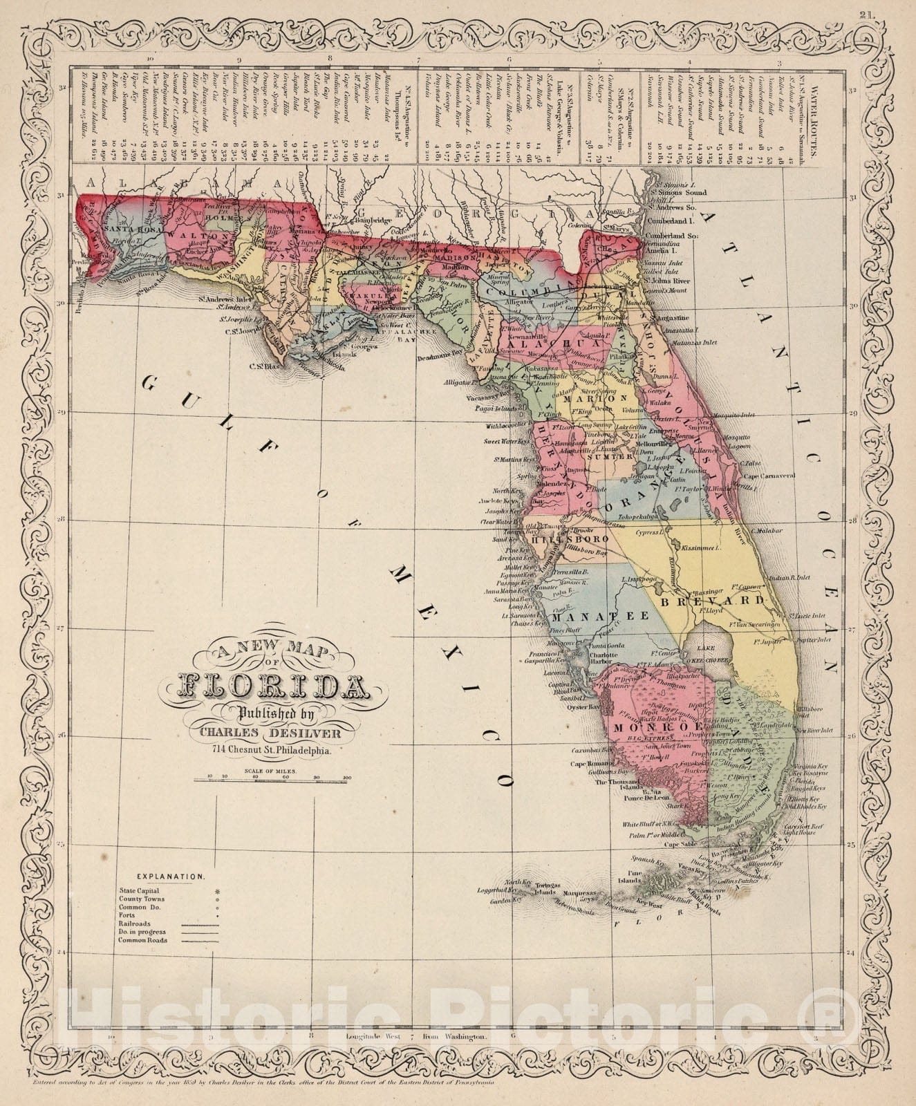 Historic Map : Florida., 1859, Vintage Wall Art