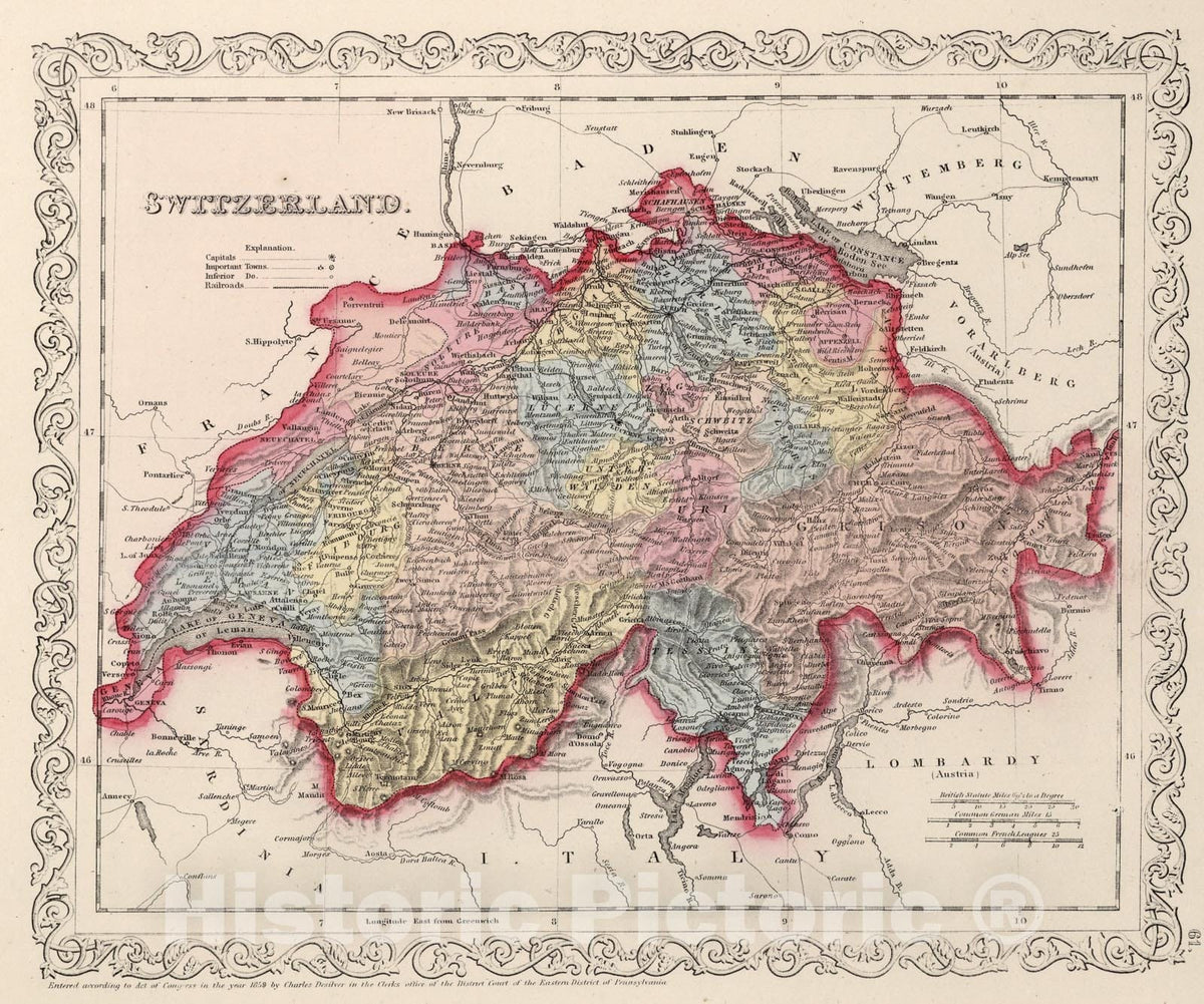 Historic Map : Switzerland., 1859, Vintage Wall Art