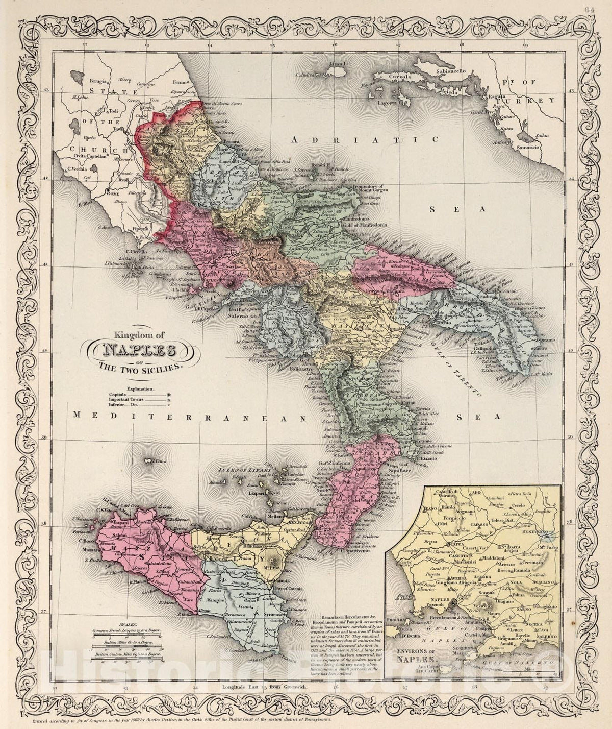 Historic Map : Kingdom of Naples or the Two Sicilies., 1860, Vintage Wall Art