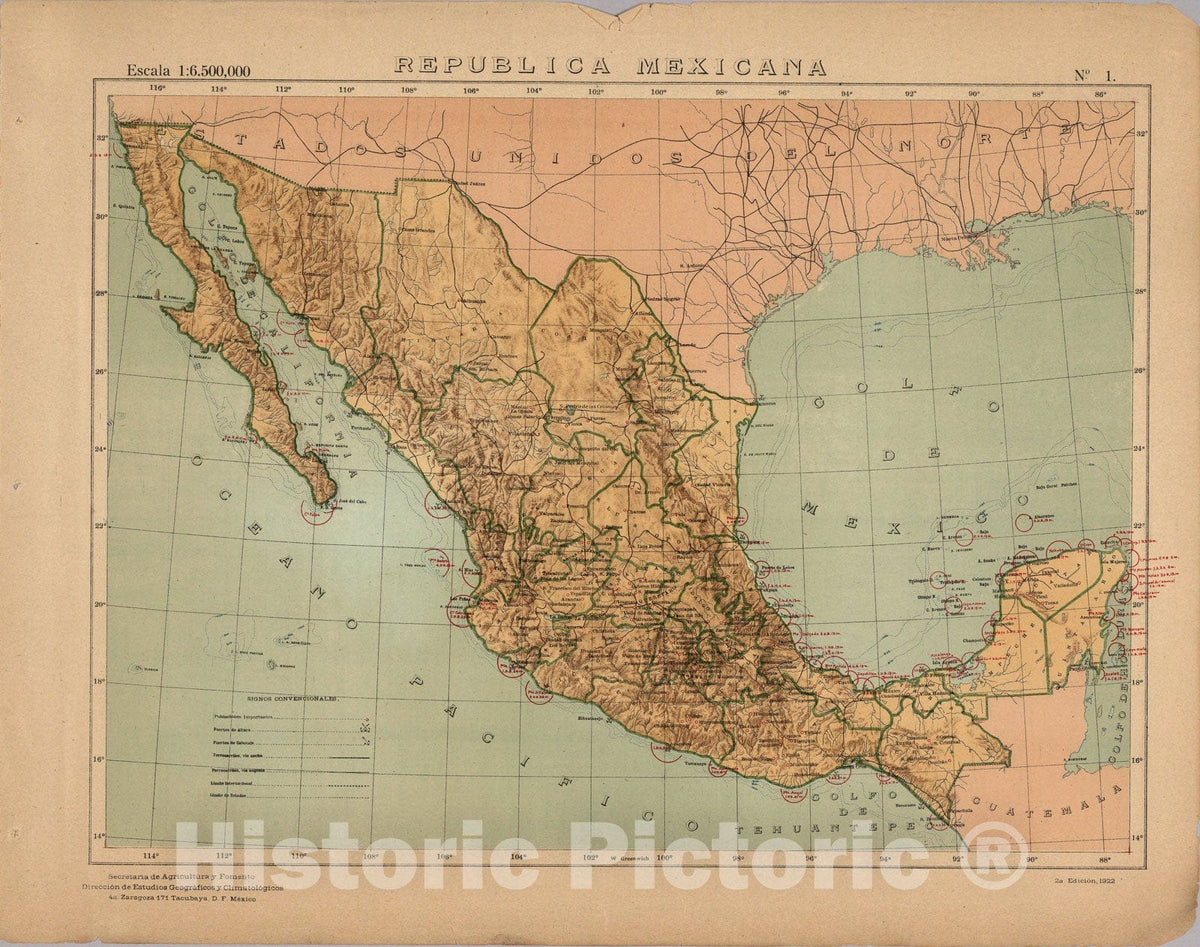 Historic Map : No. 1: Republica Mexicana, 1922, Vintage Wall Art