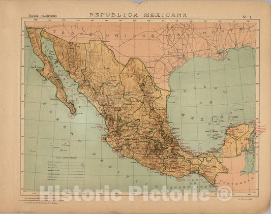 Historic Map : No. 1: Republica Mexicana, 1922, Vintage Wall Art