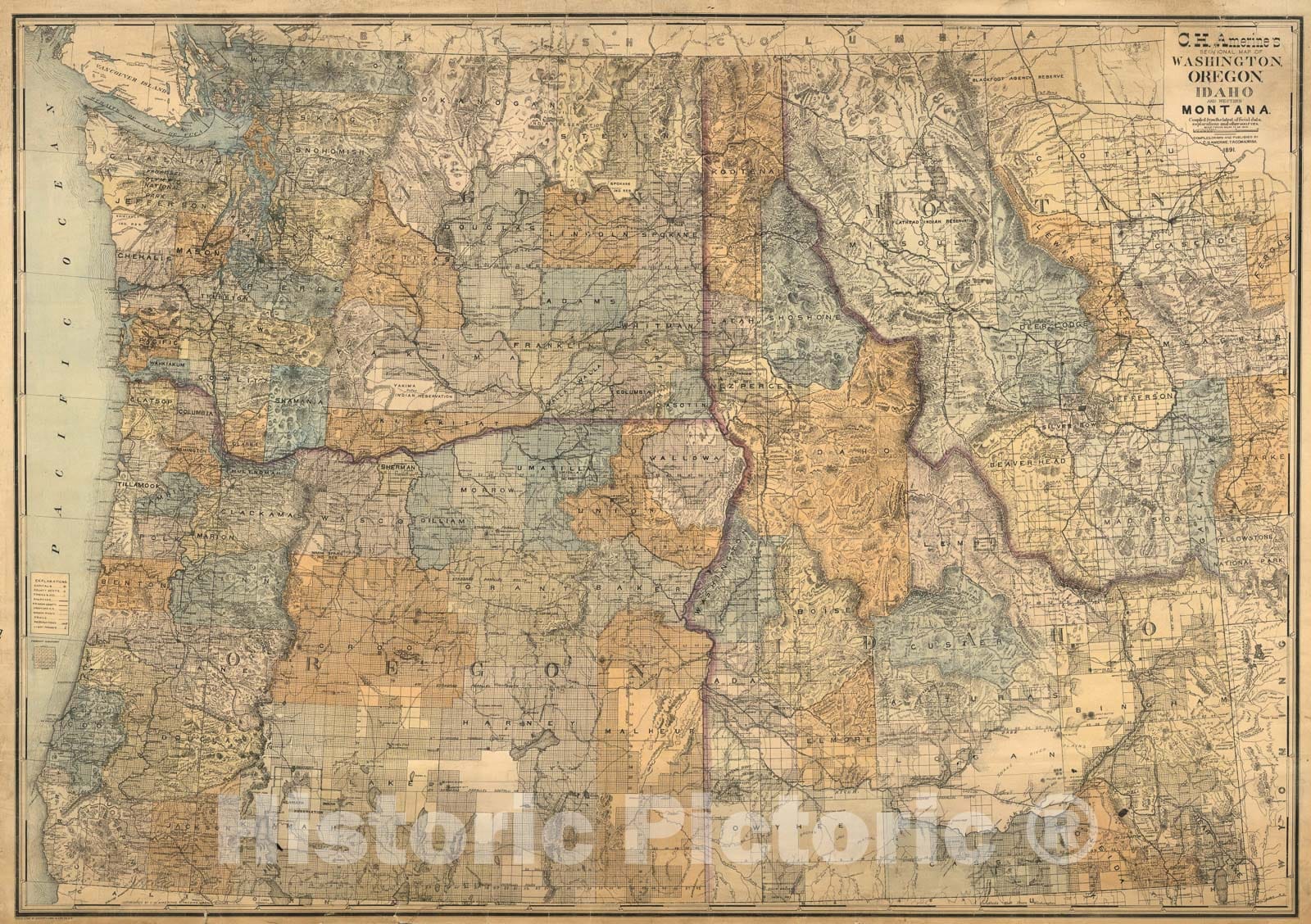 Historic Map : Sectional map of Washington, Oregon, Idaho, and western Montana, 1891, Vintage Wall Art