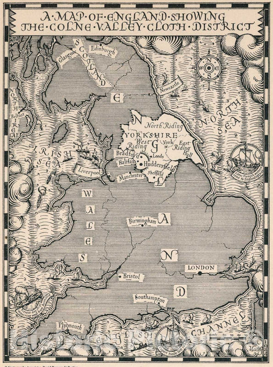 Historic Map : England Showing the Colne Valley Cloth District., 1947, Vintage Wall Art