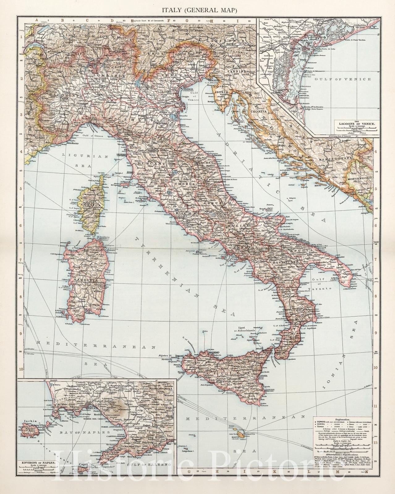 Italy - Railroad Map, 1900 - The Times Atlas Historical Reproduction