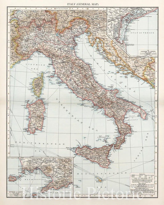 Italy - Railroad Map, 1900 - The Times Atlas Historical Reproduction
