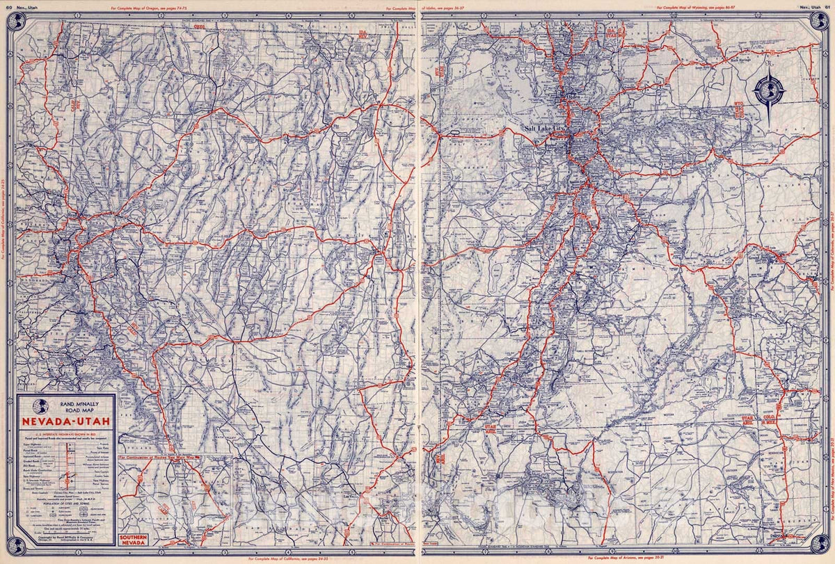 Historic Map : Rand McNally Road map: Nevada-Utah, 1939, Vintage Wall Art
