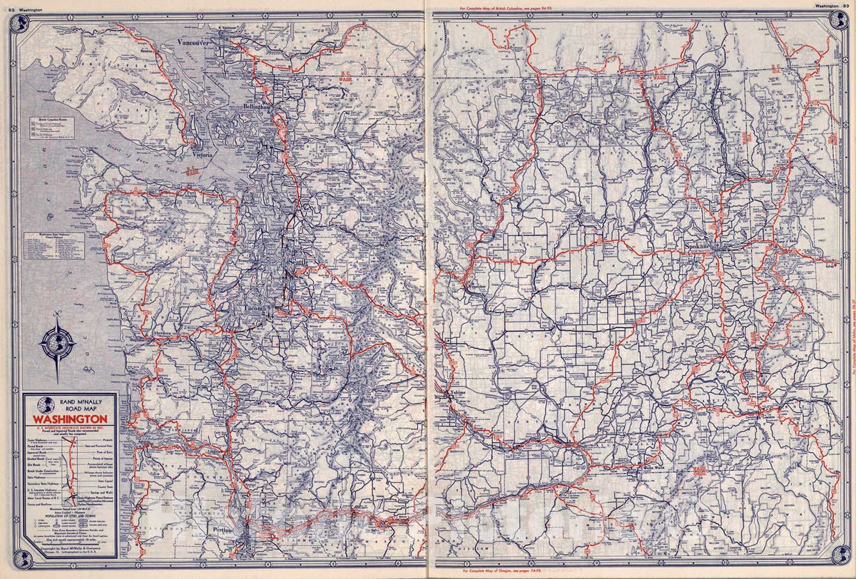 Historic Map : Rand McNally Road map: Washington, 1939, Vintage Wall Art