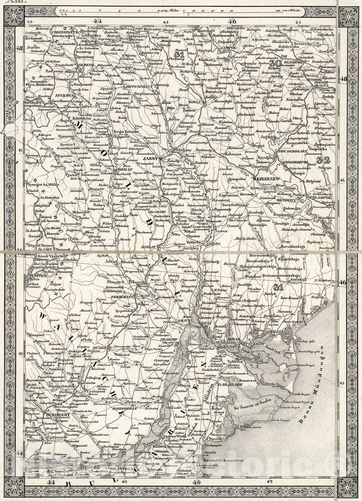 Historic Map : Jassy. Bukorest. XIII, 1837, Vintage Wall Art