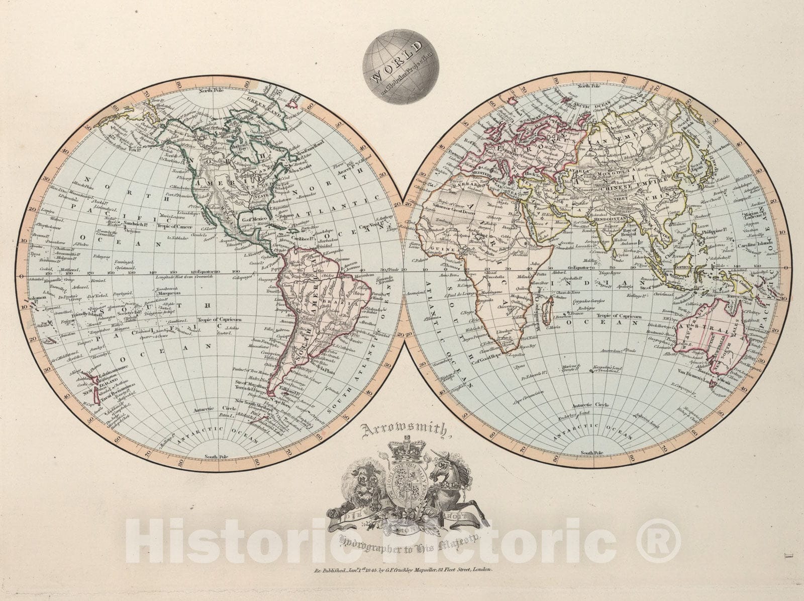 Historic Map : World on Globular Projection, 1845, Vintage Wall Art