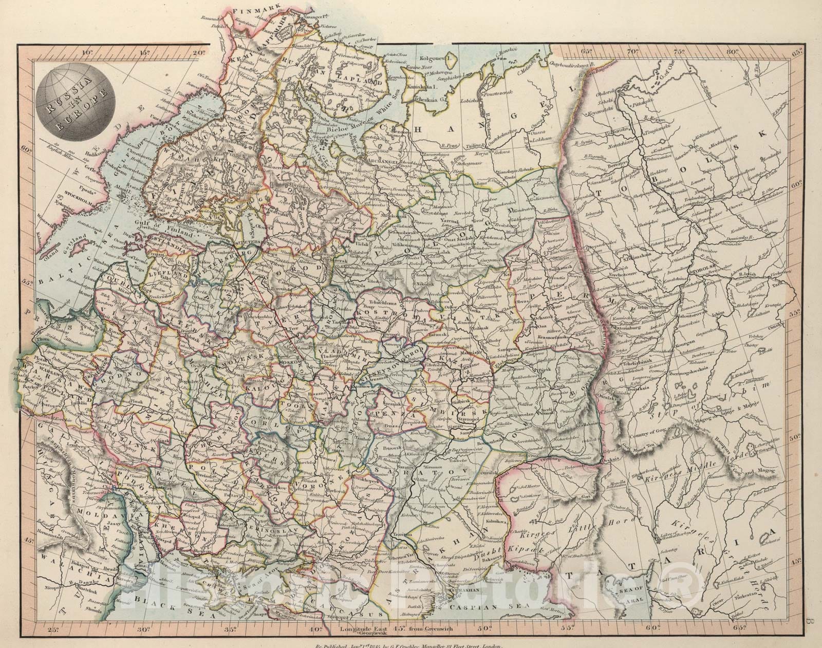 Historic Map : Russia in Europe, 1845, Vintage Wall Art