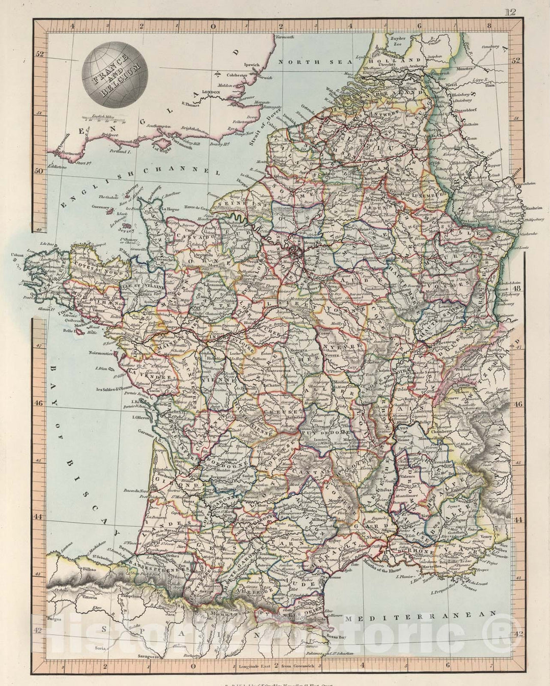 Historic Map : France and Belgium, 1850, Vintage Wall Art