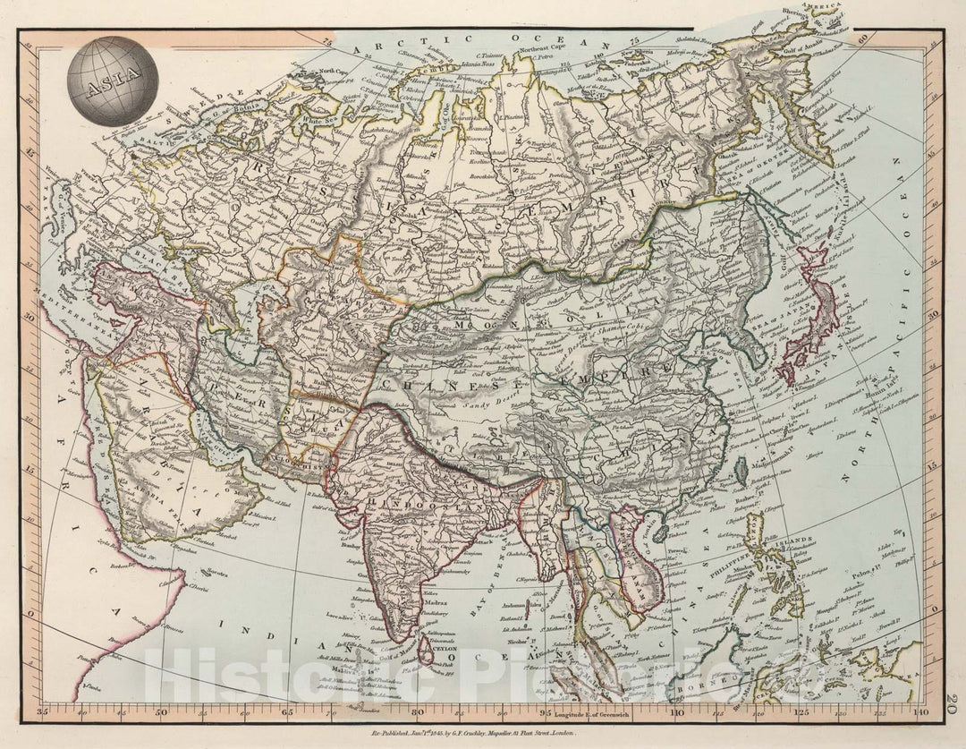 Historic Map : Asia, 1845, Vintage Wall Art