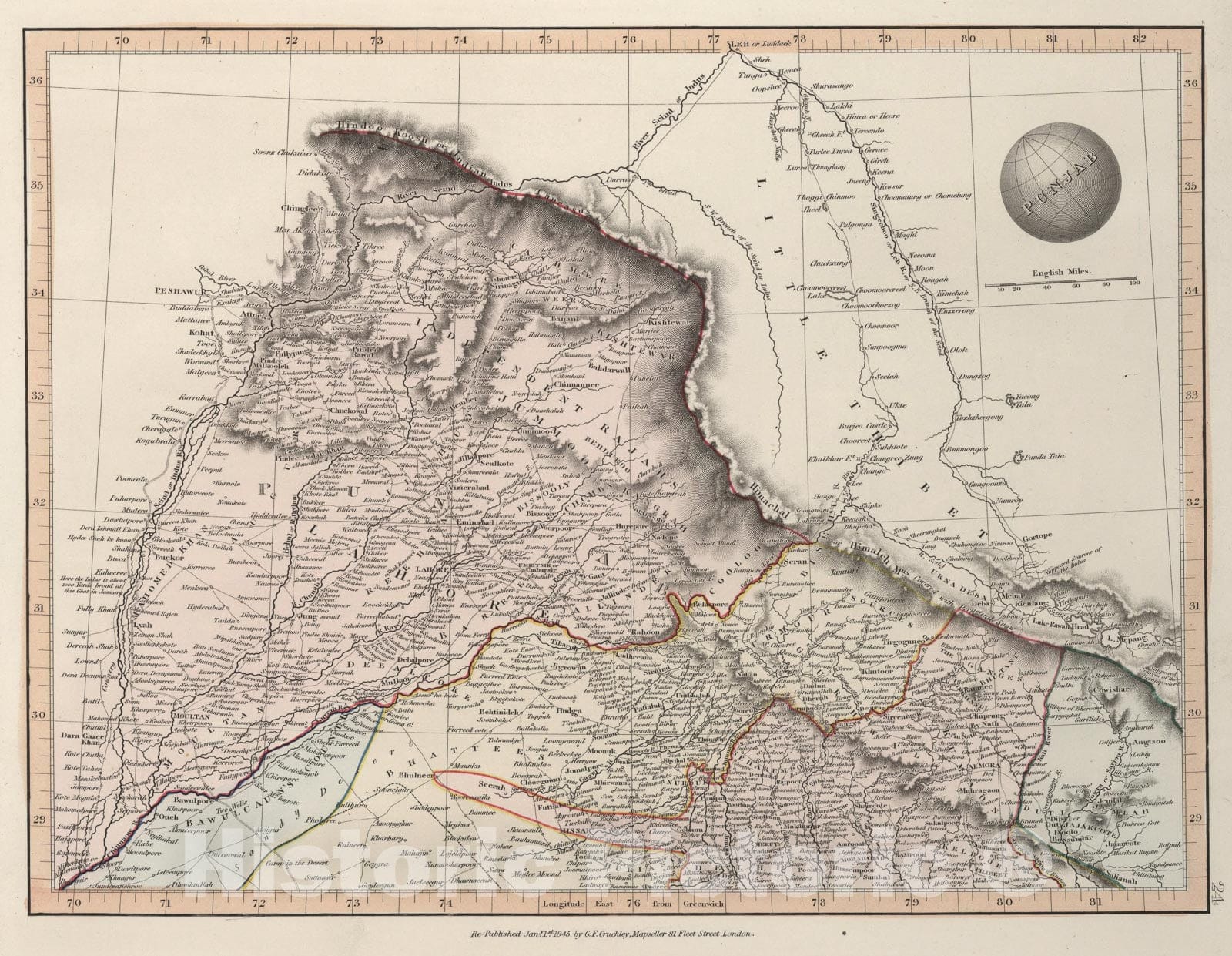 Punjab - Road Map, 1845 - Historical Map Print