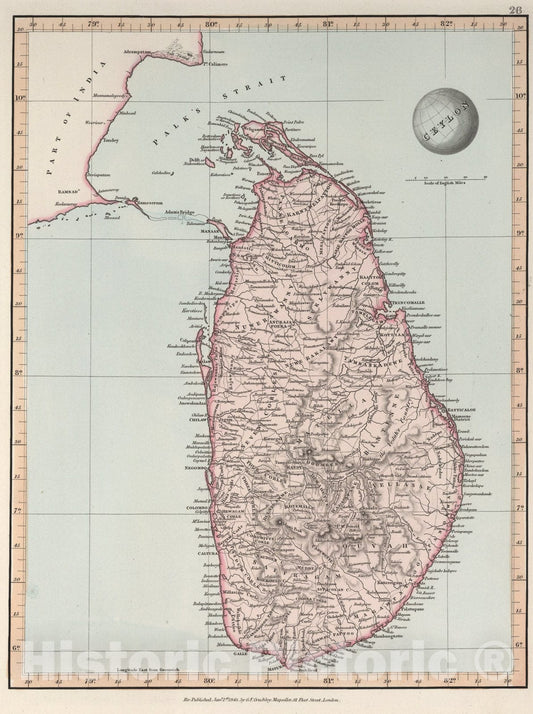 Historic Map : Ceylon, 1845, Vintage Wall Art