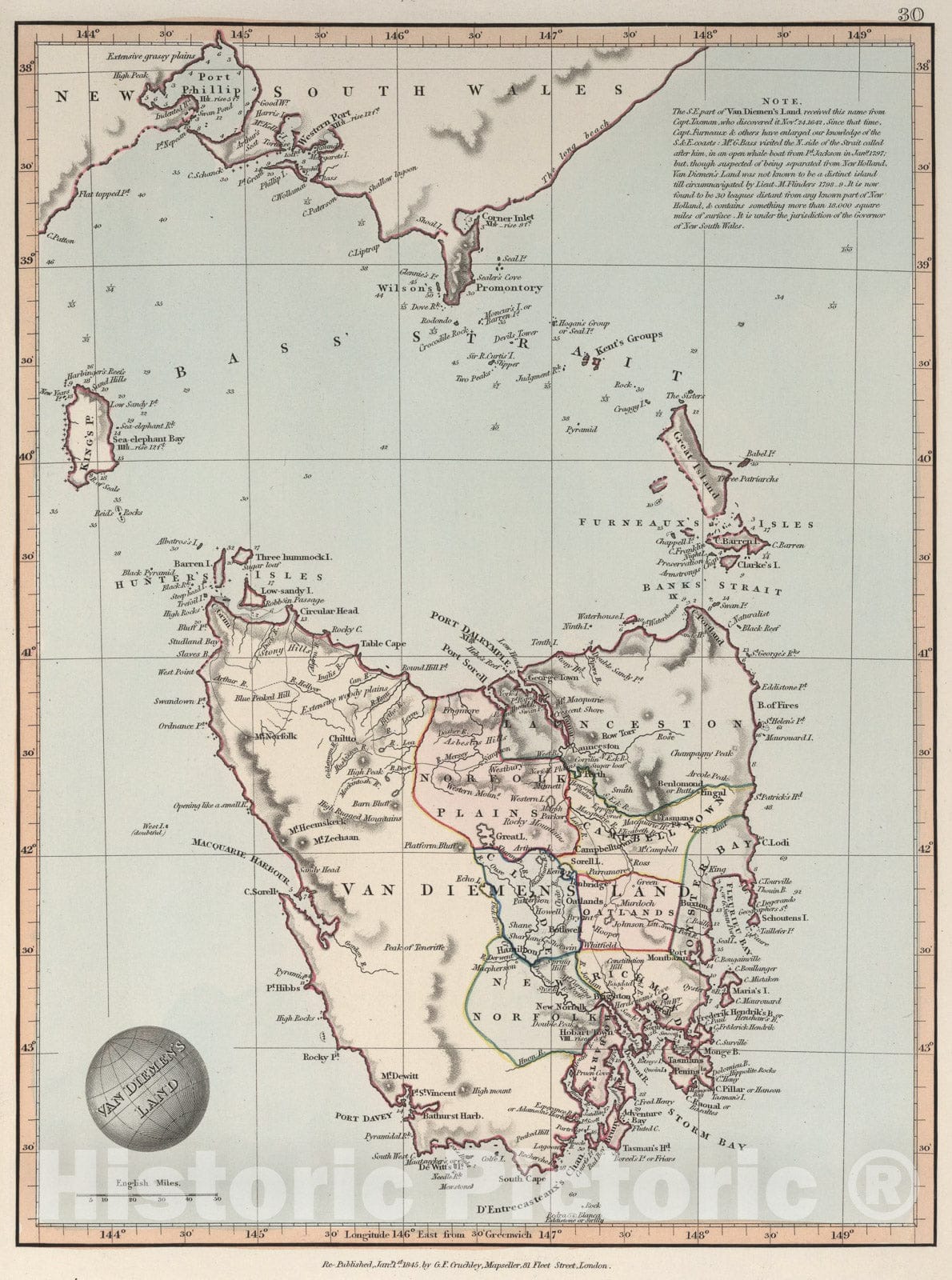 Historic Map : Van Diemen's Land, 1845, Vintage Wall Art