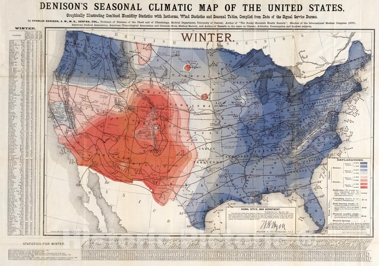 Historic Map : Winter. Denison's seasonal climatic map of the United States, 1884, Vintage Wall Art