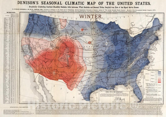 Historic Map : Winter. Denison's seasonal climatic map of the United States, 1884, Vintage Wall Art