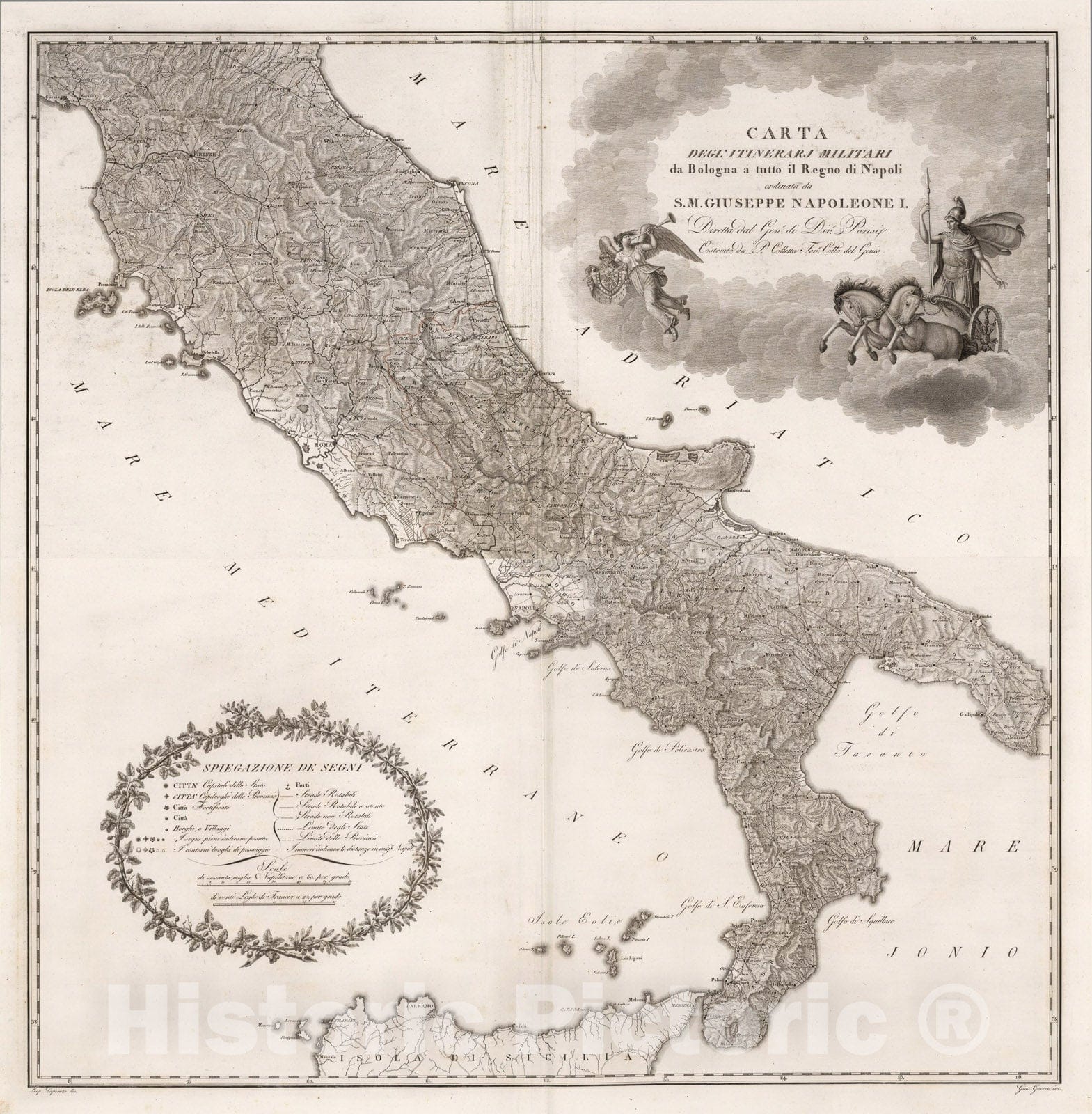 Historic Map : Composite: Carta del' itinerarj militari da Bologna a tutto il Regno di Napoli., 1808, Vintage Wall Art