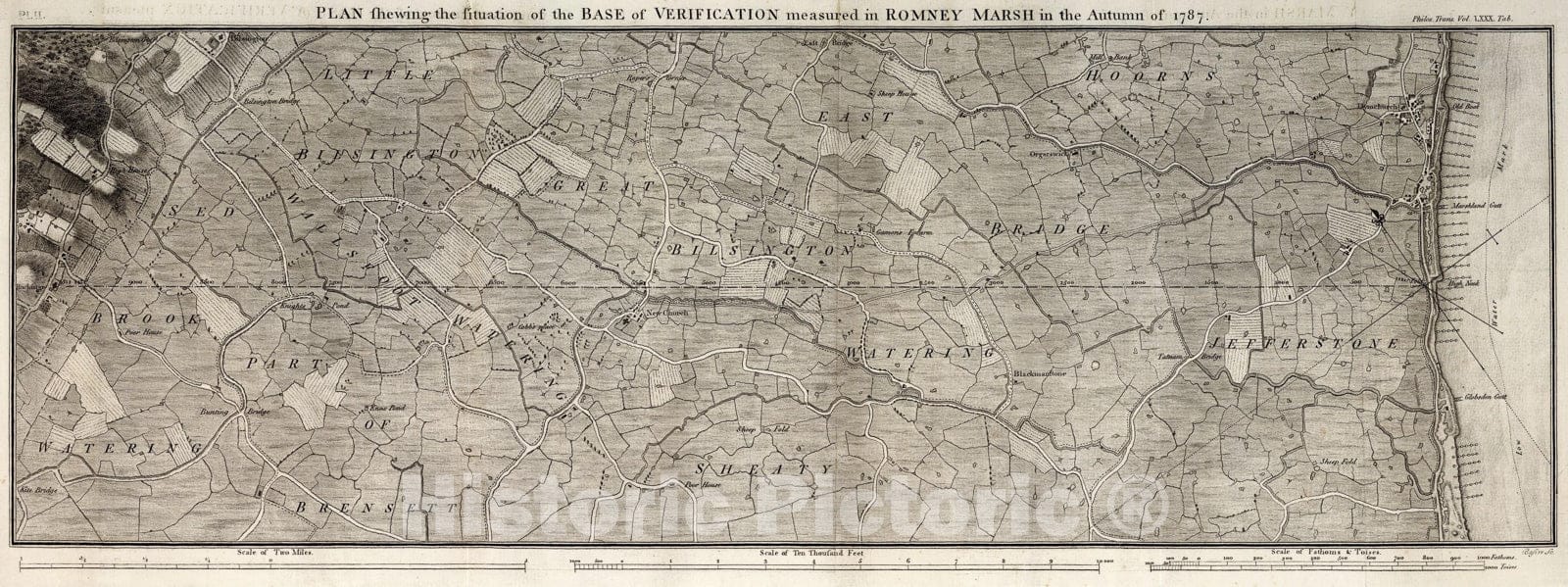 Historic Map : Pl. II. Plan showing the situation of the base of verification measured in Romny Marsh, 1787, Vintage Wall Art