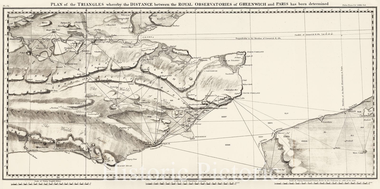 Historic Map : Pl. IX. Plan of the triangles whereby the distance between the Royal Observatories of Greenwich and Paris has been determined, 1790, Vintage Wall Art