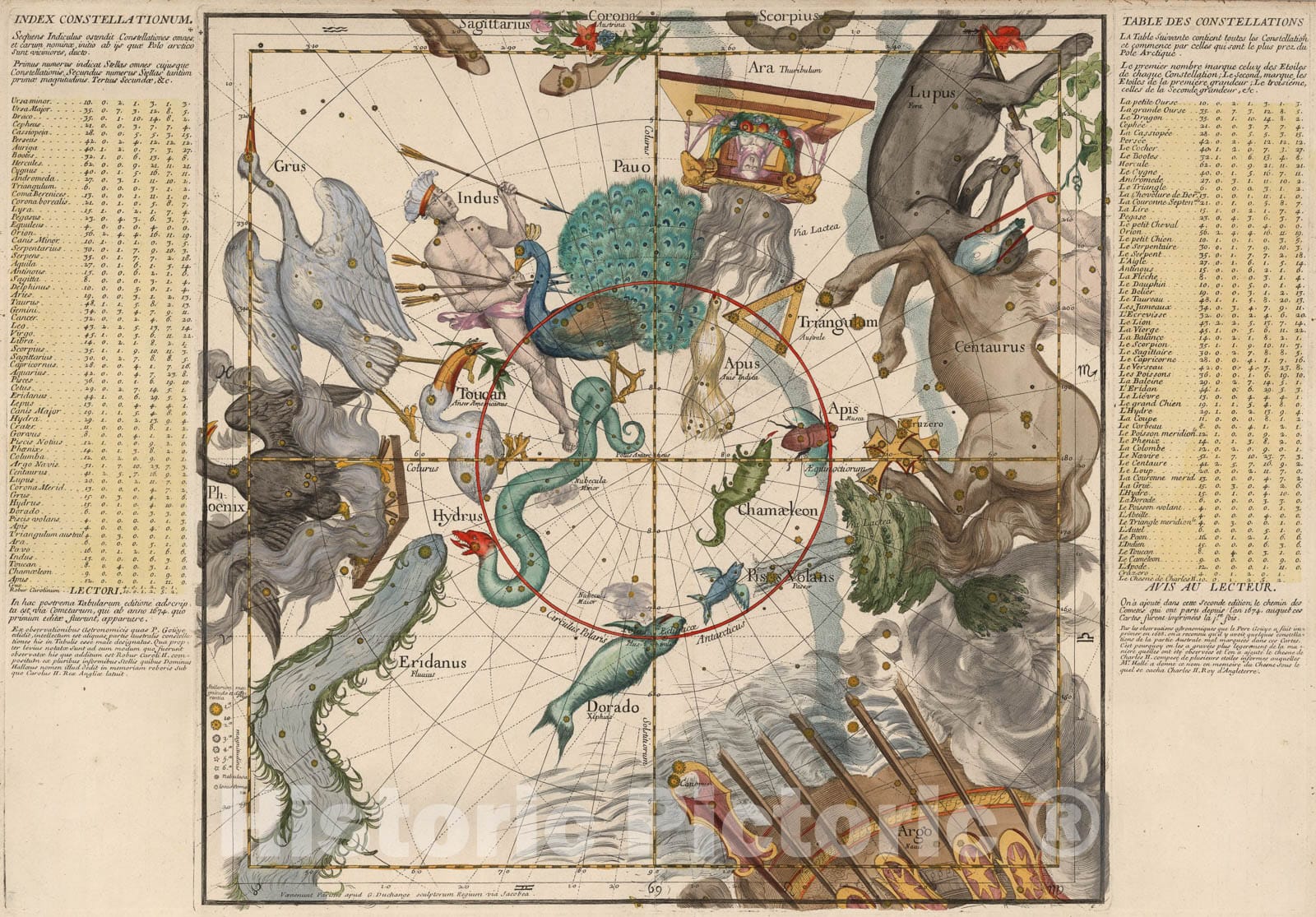 Historic Map : Plate 6: Centaurus, Indus, Chamaeleon and other constellations., 1693, Vintage Wall Art