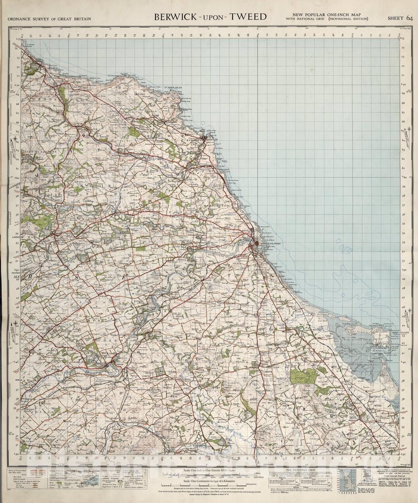 Historic Map : Sheet 64. Berwick-upon-Tweed., 1947, Vintage Wall Art