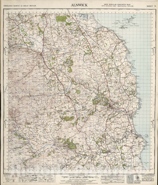 Historic Map : Sheet 71. Alnwick., 1947, Vintage Wall Art