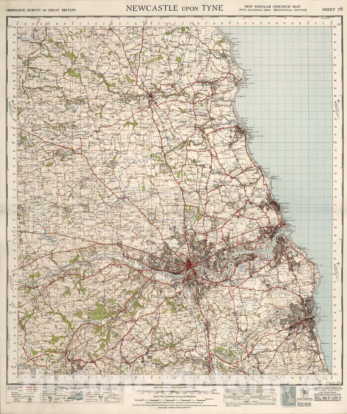 Historic Map : Sheet 78. Newcastle upon Tyne., 1947, Vintage Wall Art