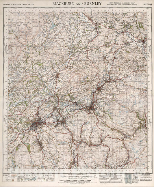 Historic Map : Sheet 95. Blackburn and Burnley., 1947, Vintage Wall Art