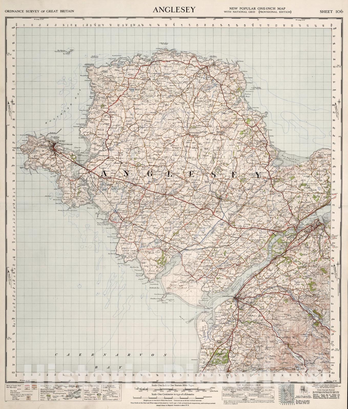 Historic Map : Sheet 106. Anglesey., 1947, Vintage Wall Art