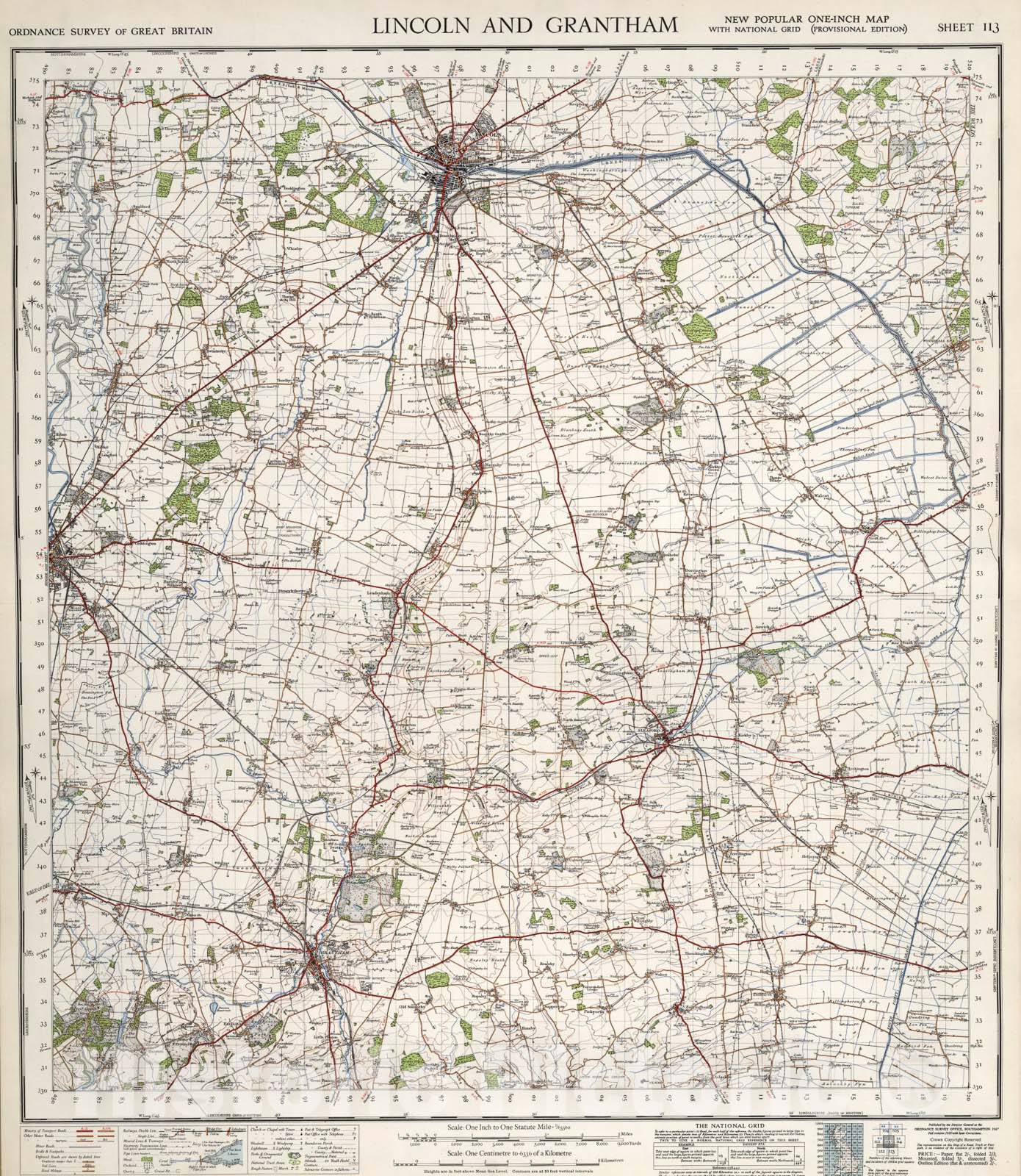 Historic Map : Sheet 113. Lincoln and Grantham., 1947, Vintage Wall Art