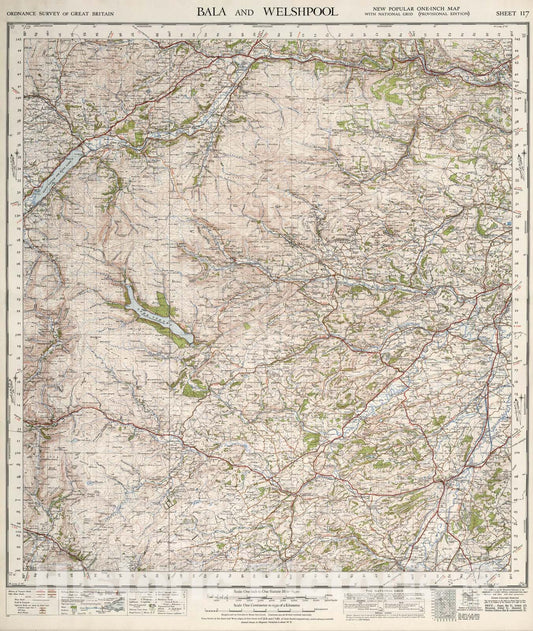 Historic Map : Sheet 117. Bala and Welshpool., 1947, Vintage Wall Art