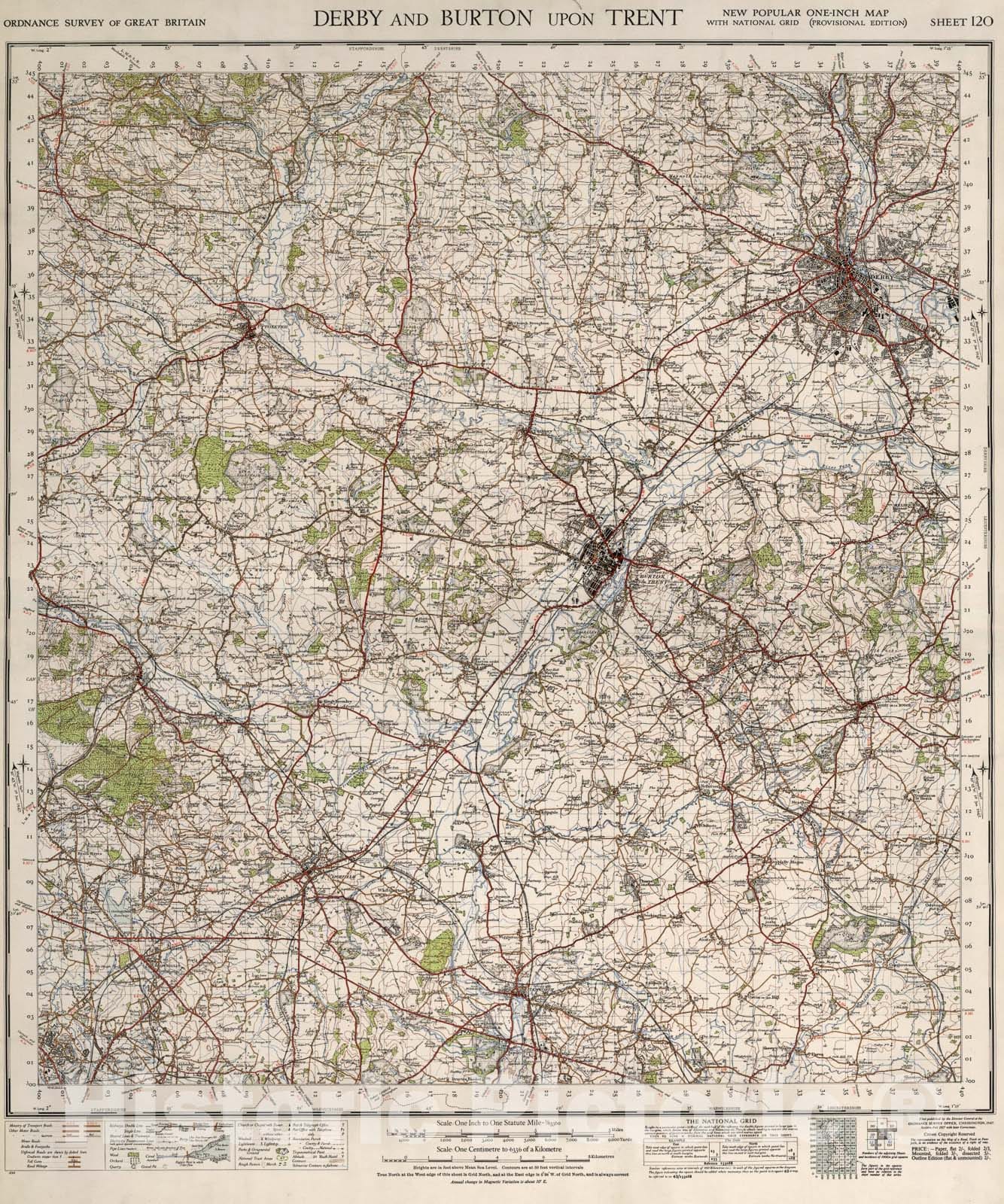 Historic Map : Sheet 120. Derby and Burton upon Trent., 1947, Vintage Wall Art