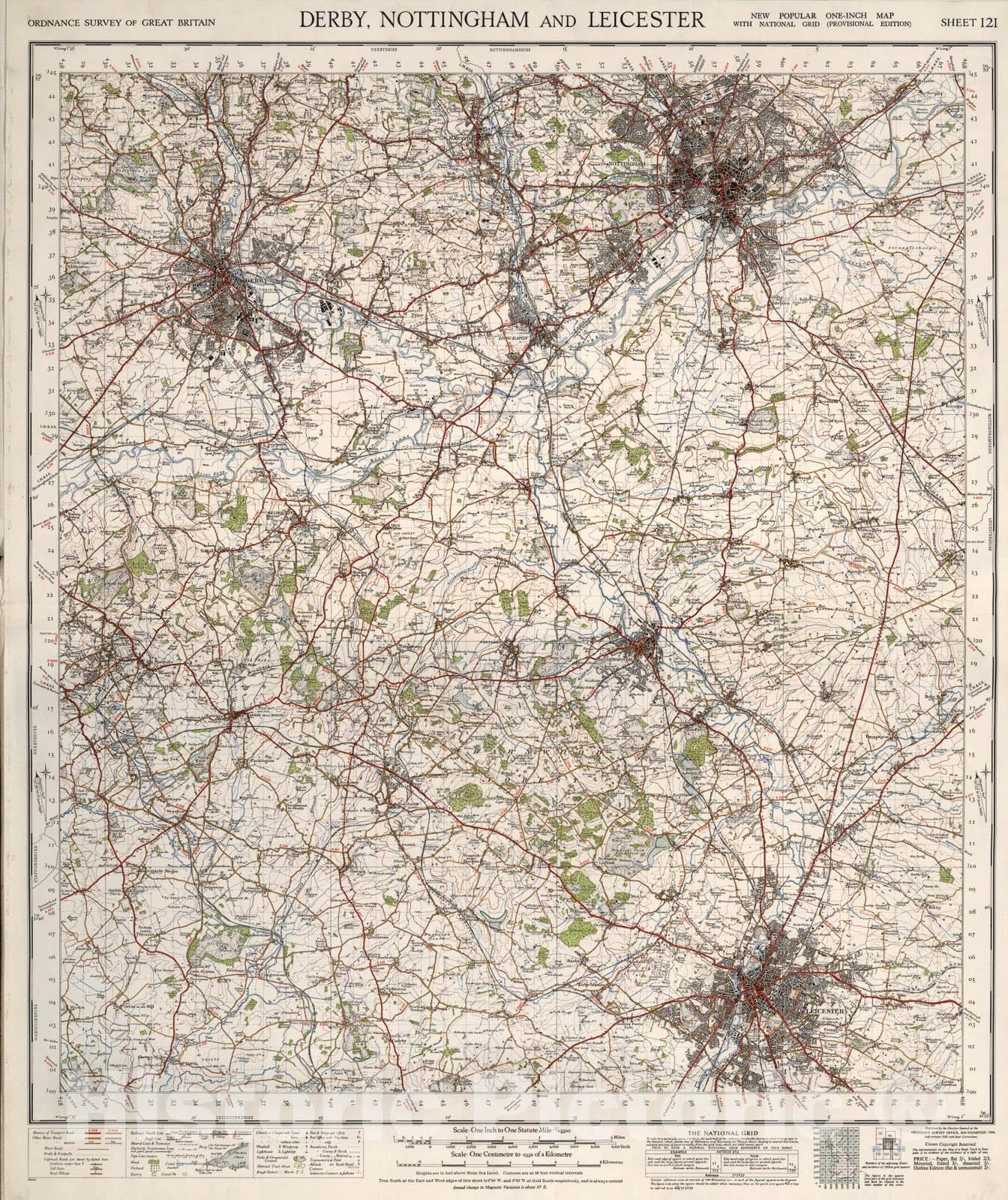Historic Map : Sheet 121. Derby, Nottingham and Leicester., 1946, Vintage Wall Art