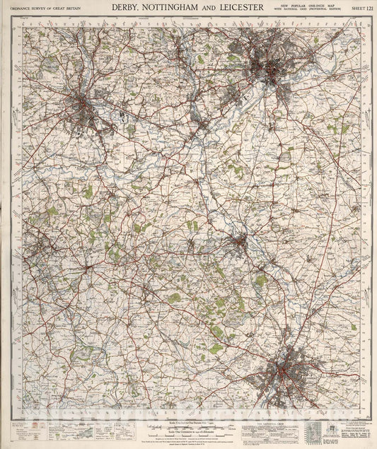 Historic Map : Sheet 121. Derby, Nottingham and Leicester., 1946, Vintage Wall Art