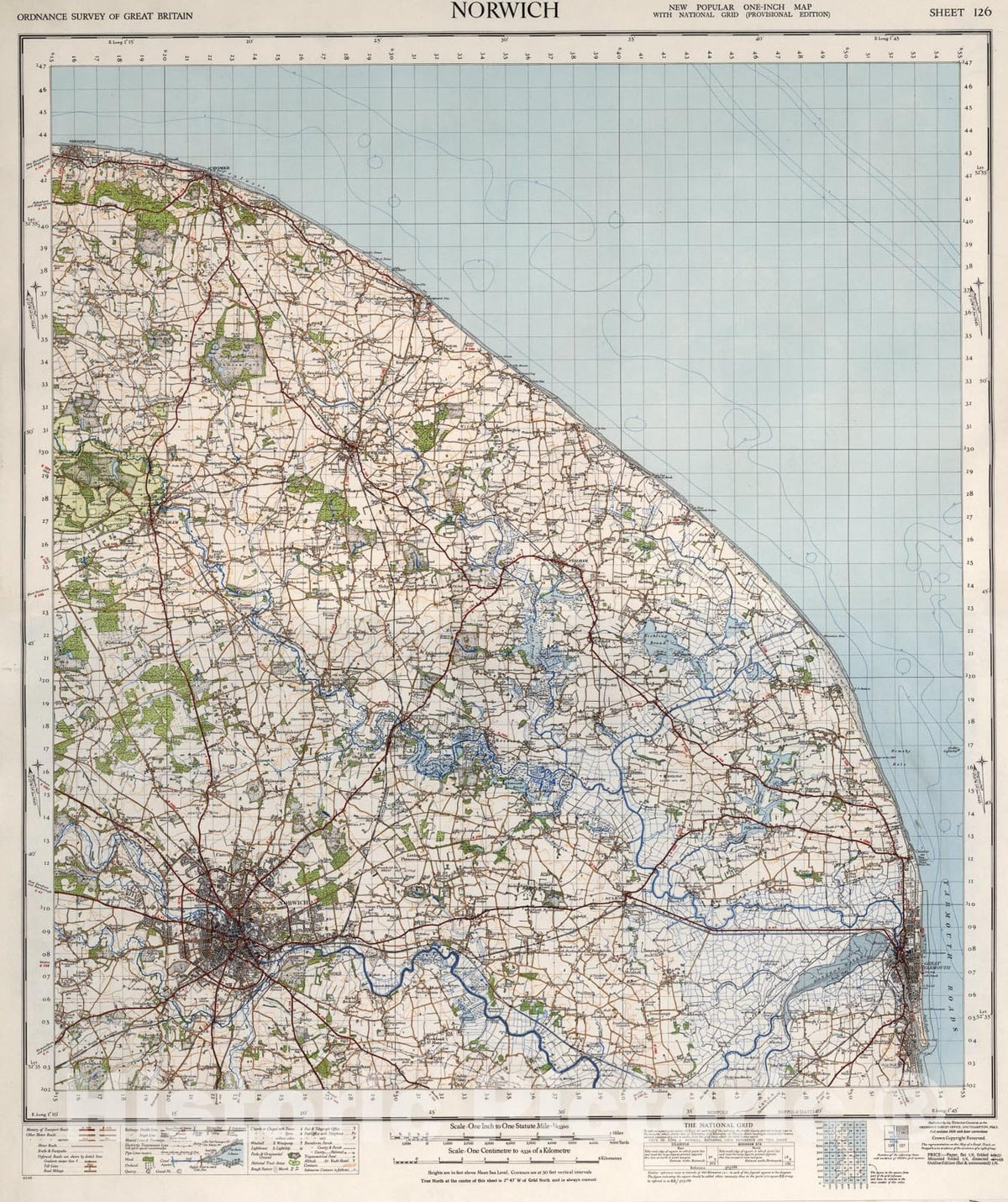 Historic Map : Sheet 126. Norwich., 1945, Vintage Wall Art