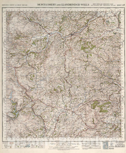 Historic Map : Sheet 128. Montgomery and Llandrindod Wells., 1947, Vintage Wall Art
