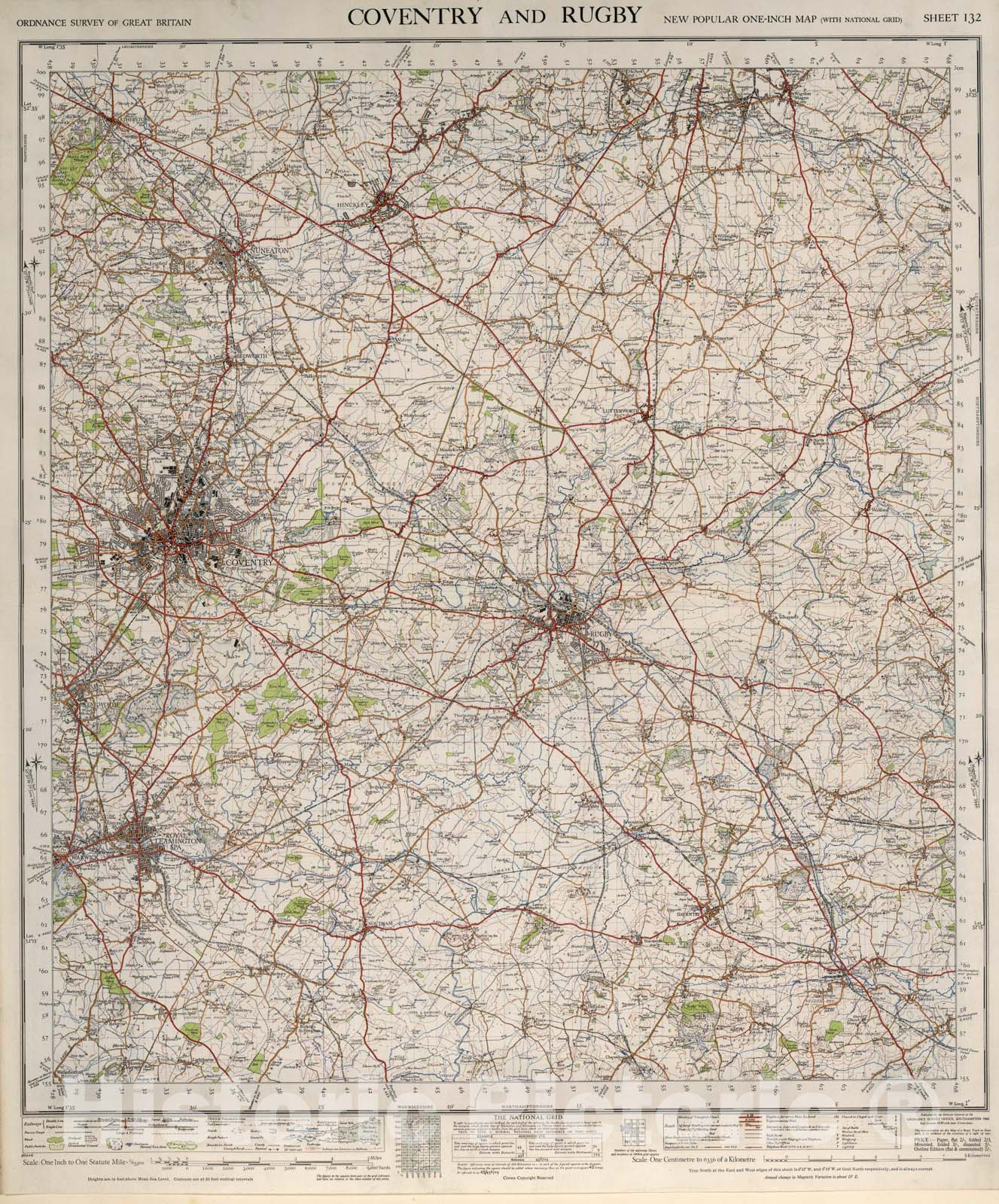Historic Map : Sheet 132. Coventry and Rugby., 1946, Vintage Wall Art