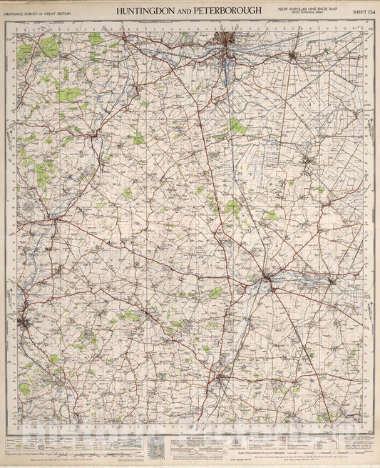 Historic Map : Sheet 134. Huntingdon and Peterborough., 1946, Vintage Wall Art