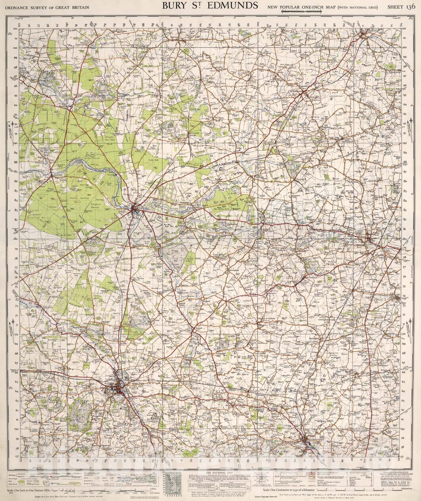 Historic Map : Sheet 136. Bury St. Edmunds., 1946, Vintage Wall Art