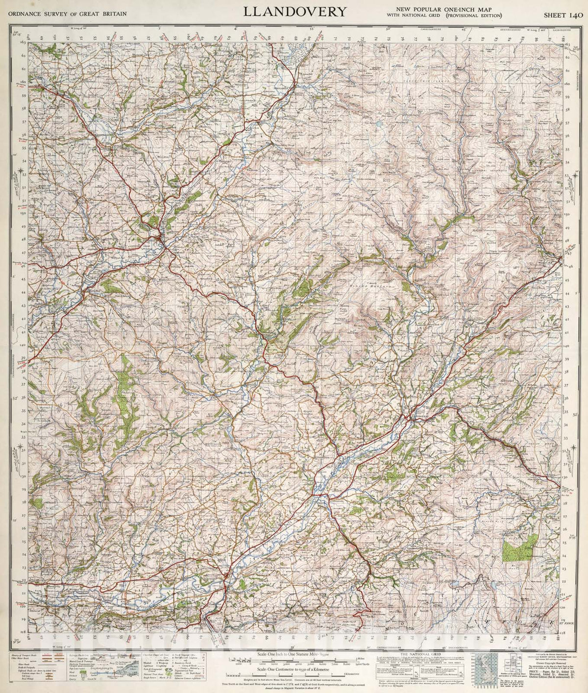 Historic Map : Sheet 140. Llandovery., 1947, Vintage Wall Art