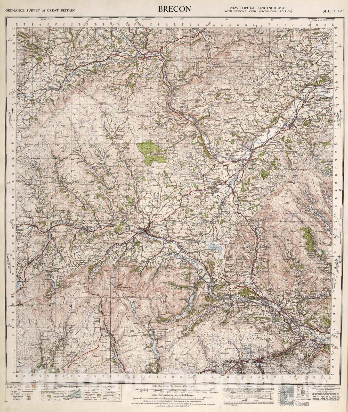 Historic Map : Sheet 141. Brecon., 1947, Vintage Wall Art
