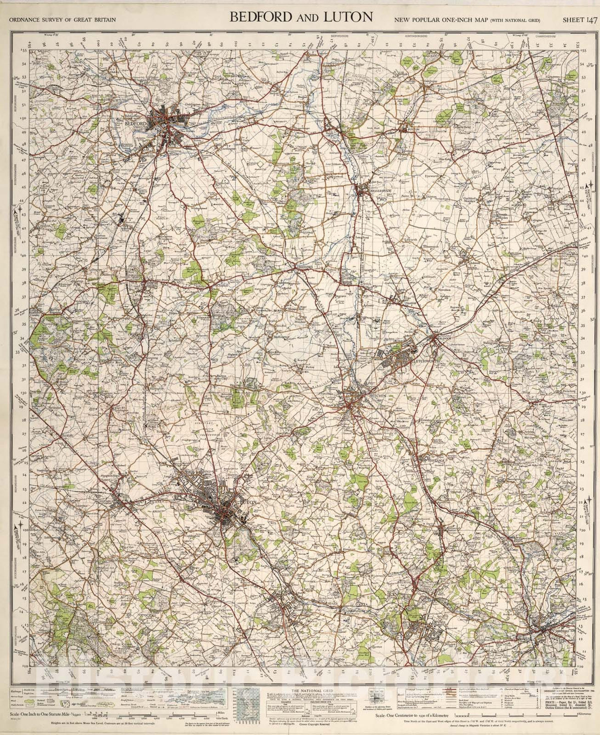 Historic Map : Sheet 147. Bedford and Luton., 1946, Vintage Wall Art