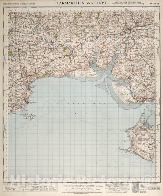 Historic Map : Sheet 152. Carmarthen and Tenby., 1946, Vintage Wall Art