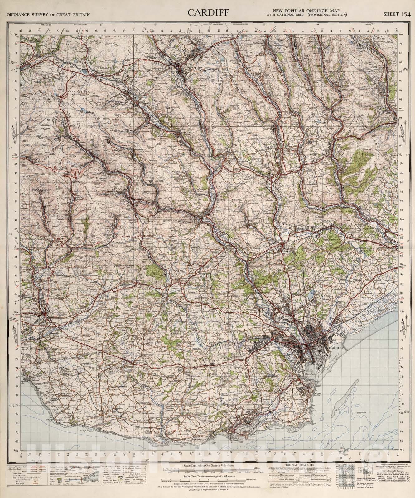 Historic Map : Sheet 154. Cardiff., 1947, Vintage Wall Art