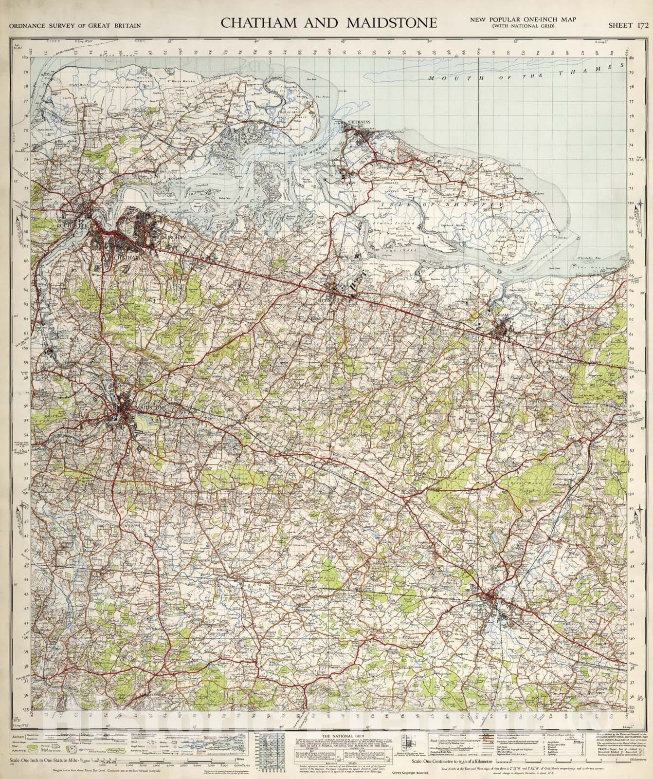 Historic Map : Sheet 172. Chatham and Maidstone., 1940, Vintage Wall Art