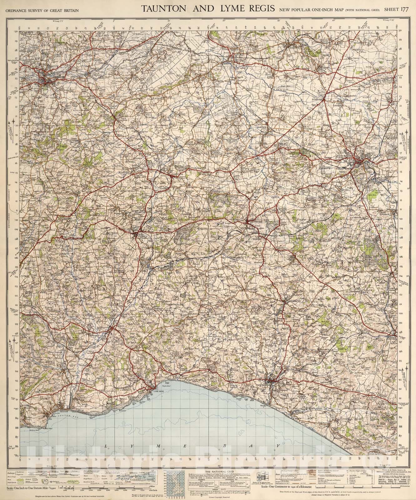 Historic Map : Sheet 177. Taunton and Lyme Regis., 1946, Vintage Wall Art