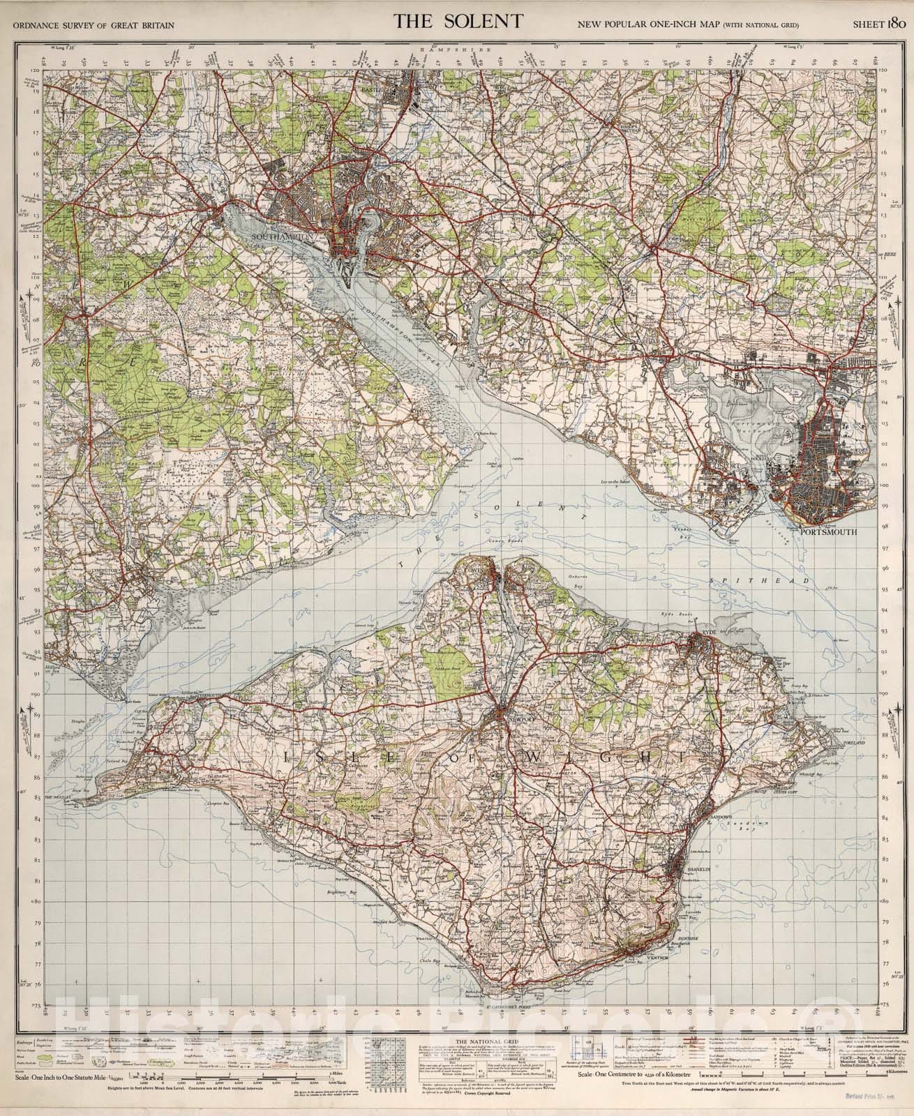 Historic Map : Sheet 180. The Solent., 1945, Vintage Wall Art