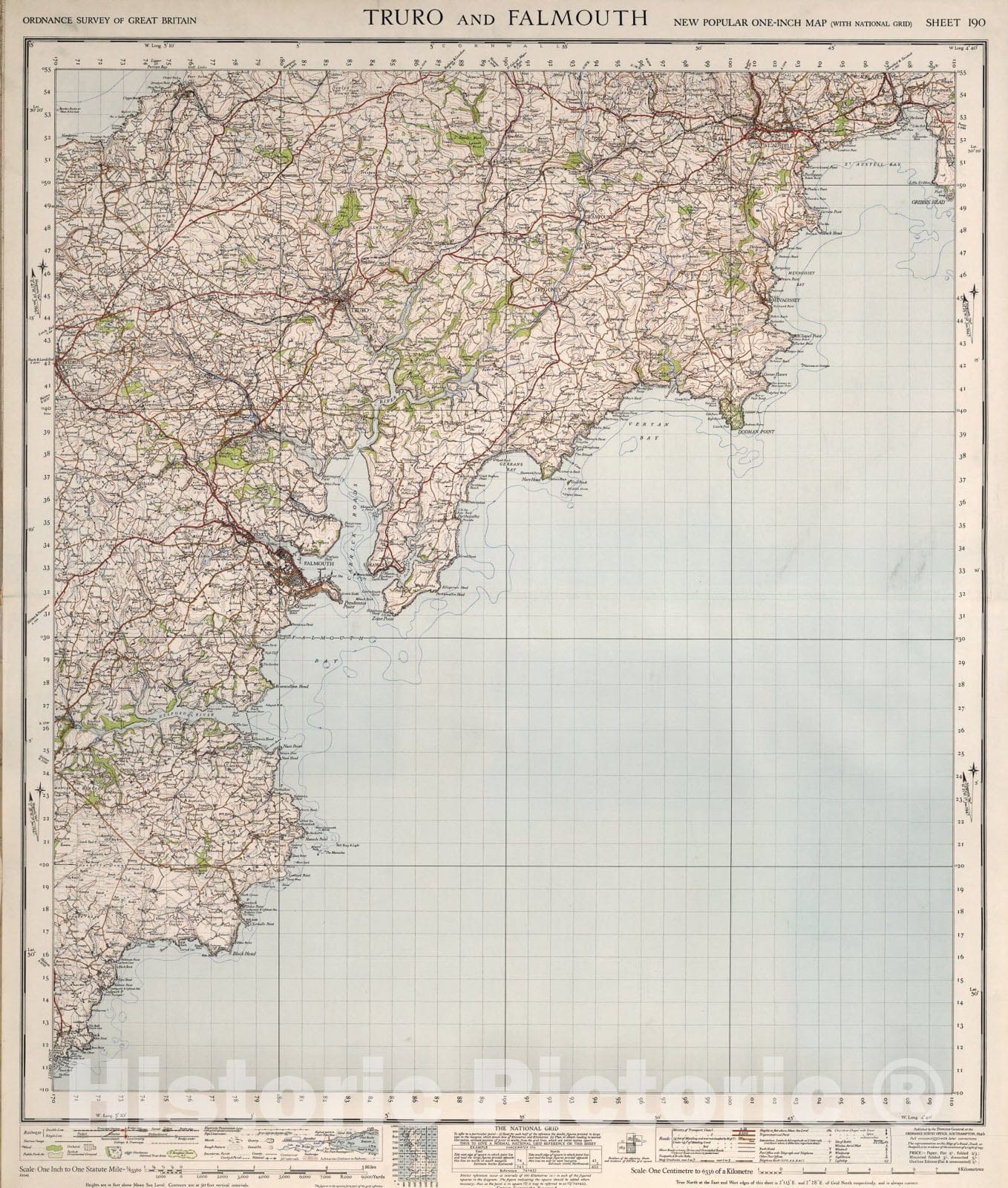 Historic Map : Sheet 190. Truro and Falmouth., 1946, Vintage Wall Art