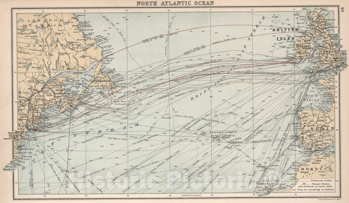 Historic Map : North Atlantic Chart., 1907, Vintage Wall Art